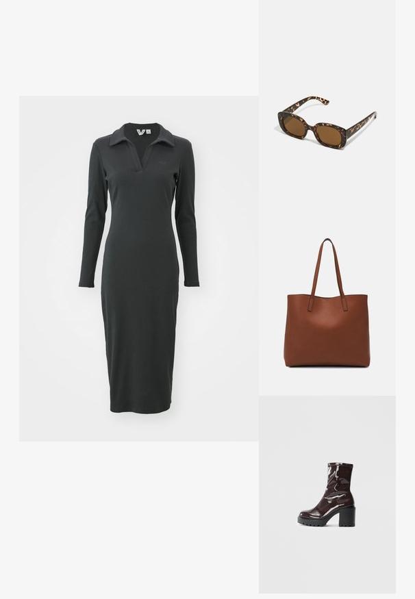 Sort, langærmet, ribbet kjole med polo krave og slids i bunden. Har et diskret logo på brystet. Elegant, tætsiddende design.; Glatte burgunder ankelstøvler med en chunky sort hæl, der har en glat tekstur og et simpelt design. Ingen synlige lukninger eller mønstre.; Skildpadde-solbriller med en rund, kraftig ramme og brune linser. Har subtile mønstre og lige, afsmalnende stænger.; Brun læder tote taske med en glat overflade, åben topdesign og to skulderremme. Har minimal syning og ingen synlig hardware.