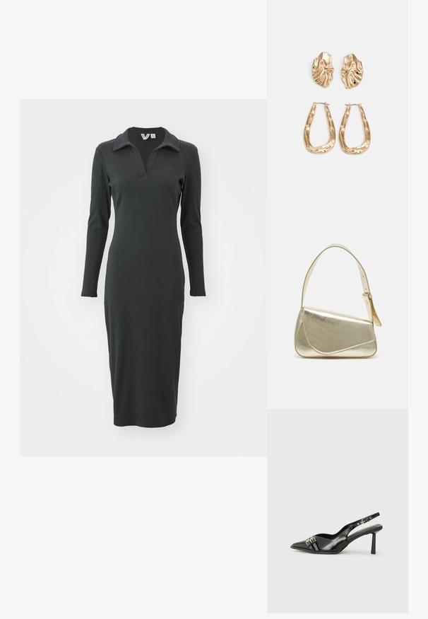 Schwarzes, langärmeliges, geripptes Kleid mit Polo-Kragen und Schlitz am Saum. Mit einem dezenten Logo auf der Brust. Elegantes, tailliertes Design.; Schwarzer Lackleder Slingback-Schuh mit spitzem Zehenbereich, Knöchelriemen mit silbernen Schnallen und Beschlägen sowie einem schlanken Absatz.; Goldfarbene metallische Handtasche mit strukturiertem Design, glatter Textur und verstellbarem Tragegurt. Sie verfügt über eine einzigartige dreieckige Form und minimalistische Nähte.; Ohrringe in Goldoptik mit strukturierten, gewellten Formen. Beinhaltet skulpturale Clip-Ohrringe und ein offenes Hoop-Design mit gehämmertem Finish.