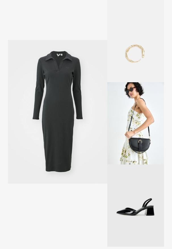 Schwarzes, langärmeliges, geripptes Kleid mit Polo-Kragen und Schlitz am Saum. Mit einem dezenten Logo auf der Brust. Elegantes, tailliertes Design.; Schwarze Lackleder-Slingback-High Heels mit spitzem Schuh und einem geometrischen Blockabsatz. Verfügt über ein schlankes, minimalistisches Design und eine glatte Textur.; Schwarze Lederhandtasche mit geschwungener Form, abnehmbarem Tragegurt und goldenen Beschlägen. Die Tasche verfügt über einen Deckel mit einer Schnallen-Details.; Goldfarbener Ring mit einem organischen, gedrehten Design, glatter Oberfläche und sich verjüngenden Enden, was ein modernes, skulpturales Erscheinungsbild erzeugt.