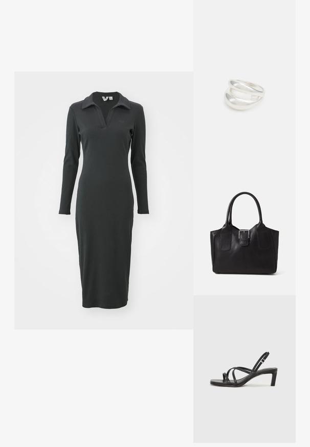 Sort, langærmet, ribbet kjole med polo krave og slids i bunden. Har et diskret logo på brystet. Elegant, tætsiddende design.; Sort remsandale med firkantet tå og en lav blokeret hæl. Har flere tynde stropper og en justerbar ankelrem. Fremstillet af glat læder.; Sort læder tote taske med glat tekstur, struktureret form, to håndtag og en fremtrædende sølvspænde detalje på forsiden.; Sølvring med dobbeltbånd og en glat, poleret overflade. Den har et flydende, buet design med overlappende sektioner for et moderne udtryk.