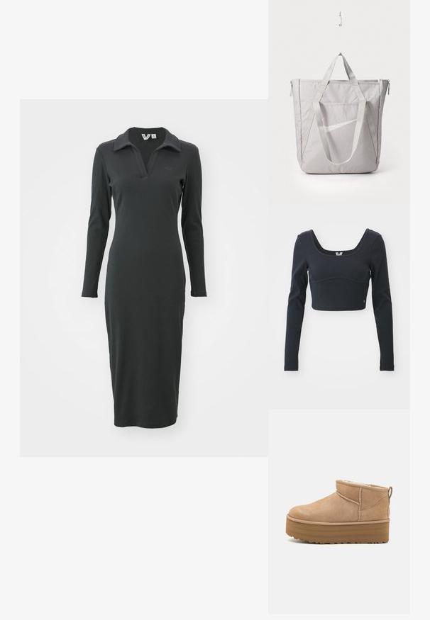Vestido preto, de manga longa, canelado, com colarinho tipo polo e uma fenda na parte inferior. Apresenta um logotipo discreto no peito. Design elegante e ajustado.; Top cropped preto de mangas longas em textura canelada, com um decote amplo em forma de barco e silhueta justa, com um discreto detalhe do logótipo da marca.; Botas de tornozelo em camurça bege com interior acolchoado, apresentando uma sola plataforma e uma alça na parte de trás para facilitar o calçar. Sola de borracha texturizada.; Saco tote cinza com alças reforçadas, bolso frontal com fecho éclair e o logo white swoosh da Nike. Feito de um tecido durável com uma textura suave.