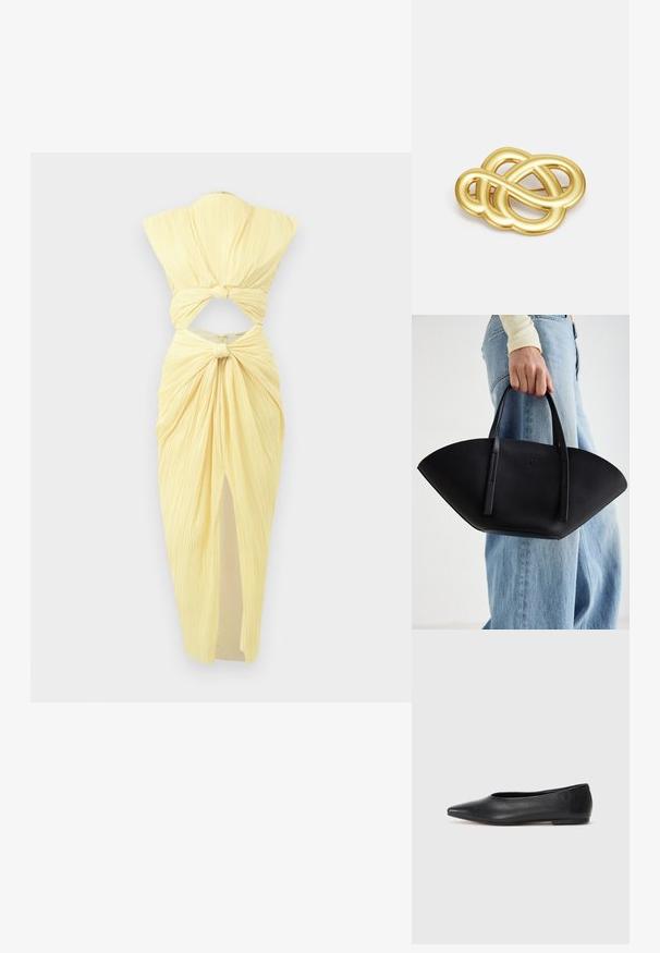 Cult Gaia INAYA DRESS - Kokteiļkleita/ballīšu kleita - daffodil; Melna ādas baleta kurpe, ar norādītu purngalu, minimālisma dizains, gluda tekstūra, zema papēža augstums, bez redzamiem aksesuāriem vai rotājumiem.; Melnas ādas rokassoma ar unikālu ventilatora formu, aprīkota ar plakaniem rokturiem. Virsma ir ar graudainu faktūru un minimālistisku dizainu.; Zelta toņa broša ar mezglota dizaina, gludām, izliekamām līnijām un sarežģītu formu, kas atspoguļo pulētu apdari.