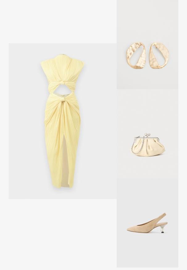 Cult Gaia INAYA DRESS - Rochie cocktail/Rochie petrecere - daffodil; Pantof bej din piele sușie, cu vârful ascuțit și toc rotund transparent. Textură netedă și design minimalist.; Clutch din piele plisată bej, cu un cadru din metal argintiu, având două închideri decorative rotunde și o curea din lanț argintiu.; O pereche de cercei din metal de culoare aurie, cu formă ovală neregulată, având o suprafață texturată, ușor ciocănită, pe un fundal alb.