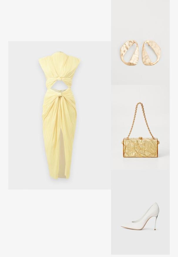 Cult Gaia INAYA DRESS - Cocktail dress / Party dress - daffodil; White high-heel pump with a pointed toe, covered in a fine glitter texture. Silver metallic heel accent adds contrast. Elegant design.; Gold crumpled-texture handbag with a rectangular shape, featuring a chain strap and a clasp closure on top. Smooth, shiny finish.; Pair of irregular oval-shaped gold-toned metal earrings with a textured, slightly hammered surface on a white background.
