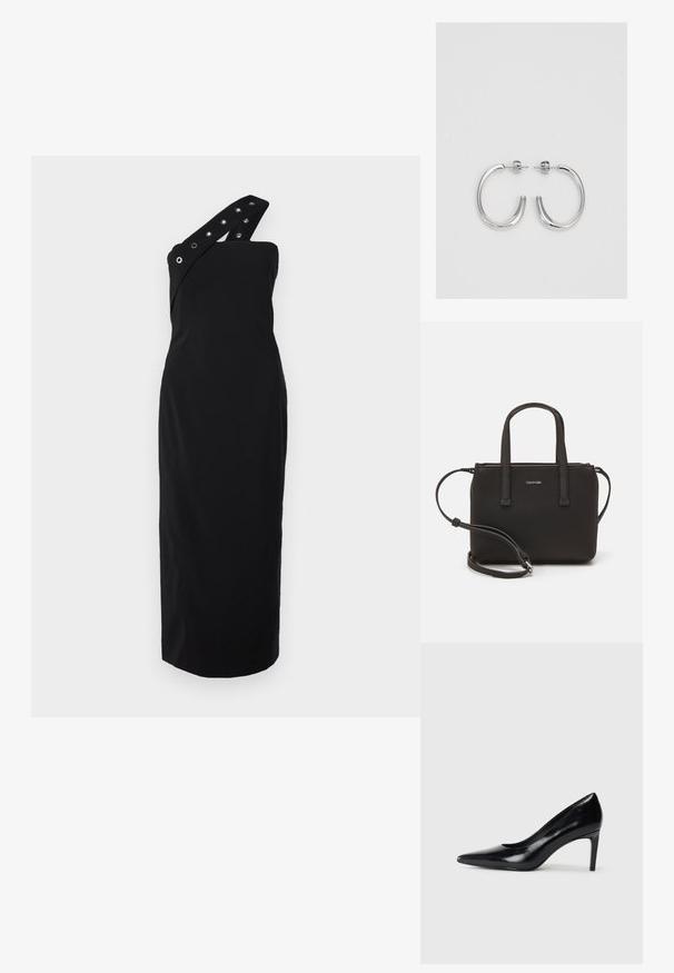 Čierne šaty s jedným ramienkom, ktoré majú cvočky, priliehavý strih, dĺžku po kolená, hladkú tkaninu a elegantný siluet.; Čierna kožená vysoká topánka s ihlovým podpätkom a špičatou špicou, hladkou textúrou a zúženým podpätkom. Minimalistický dizajn, bez ďalších ozdôb.; Čierna kabelka s dvojitými krátkymi rúčkami a odnímateľným ramenným popruhom. Hladký materiál podobný koži s uzatváraním na zips a detailom loga.; Strieborné kruhové náušnice s hladkým a lesklým povrchom. Okrúhly tvar, ľahký dizajn, s uzáverom na kolík.