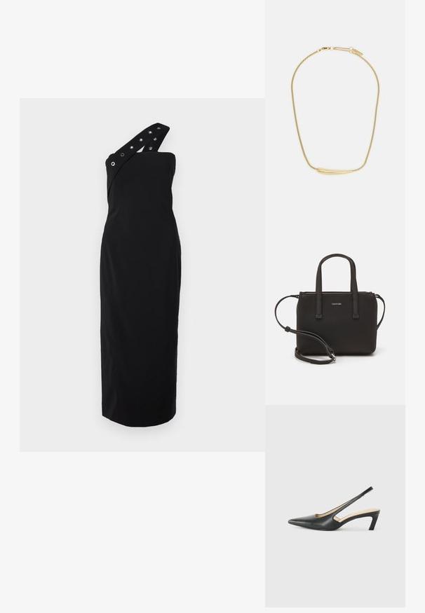 Juoda suknelė su viena petneša, puošta spaudėmis, prigludusio silueto, iki kelių ilgio, lygios medžiagos ir elegantiškais kontūrais.; Juodas smailus slingback batelis su žemu kulnu, pagamintas iš lygaus odos paviršiaus ir su išpjovomis šone, užtikrinančiomis oro pralaidumą.; Juoda rankinė su dviem trumpais rankenėlėmis ir nuimamu petį. Lygaus odos tipo medžiaga su užtrauktuku ir logotipo detale.; Auksu padengta apyrankė su lygiu, įgaubtu centriniu akcentu. Pasižymi lankstoma grandinėle su vėžlio užsegimu ir papildomais reguliuojamais grandinėlių ryšiais.