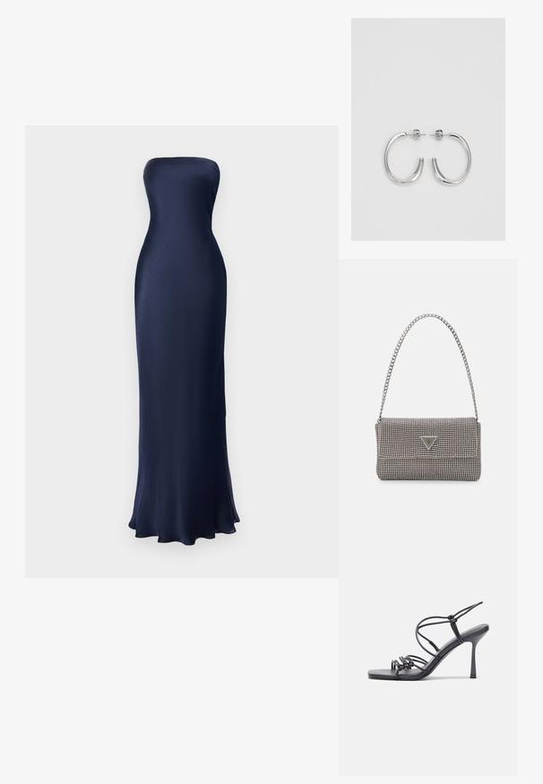 Bešvarki, grindų ilgio suknelė tamsiai mėlyna. Lygus, blizgus audinys su prigludusia siluetu ir išplėstu apvadu. Minimalistinis dizainas, jokių matomų raštų.; Juodos aukštakulnės sandalai pasižymi plonyčiais dirželiais su mazgo dizainu, lygiu kvadratiniu pirštu ir elegantišku stiletto kulnu.; Šviesiai pilka metalinė rankinė su grandinėlės dirželiu, papuošta mažais apvaliais metaliniais smeigėmis ir trikampiu prekės ženklu.; Sidabrinės auskarai žiedai su lygiu, blizgiu paviršiumi. Suapvalinta forma, lengvas dizainas, su uždarymu ant smeigtuko.