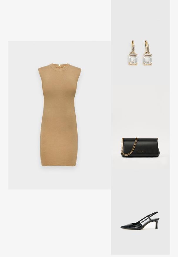 Strikket ermeløs kjole i lys beige, med høy hals og tettsittende silhuett. Glatt tekstur med minimal detaljering.; Sorte patent slingback hæl med spids tå, featuring tekstureret slangeskind, justerbar rem og en kort, tekstureret blokhæl.; Svart skinnkuvertveske med en gullkjede-rem, med en glatt tekstur, rektangulær form og preget merkevare på forsiden.; Gullfargede øreringer med en rektangulær, klar krystall som henger under en rad av små, runde klare akenter. Elegante, moderne design.