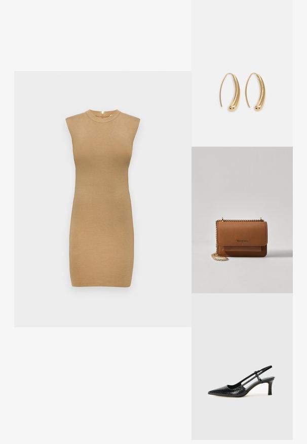 Kootud ilma varrukateta kleit heleses beezis, millel on kõrge kaelus ja keha ligi istuv siluett. Sile tekstuur minimaalsete detailidega.; Mustmust paelad, millel on terav varvas, tekstuuriga maduprindiga, reguleeritav rihm ja lühike tekstuuriga plokknina.; Pruun tekstureeritud nahk ristkeha kott kuldse ahelaga rihmaga ja klapiga sulgemine. Esiküljel on logo detail ja tasku klapi all.; Kuldtoonilised metallist rõngas kõrvarõngad, millel on kõver ja piklik kuju. Omavad siledat, läikivat pinda ja ümarat tipptugevdust, mis lisab detaili.
