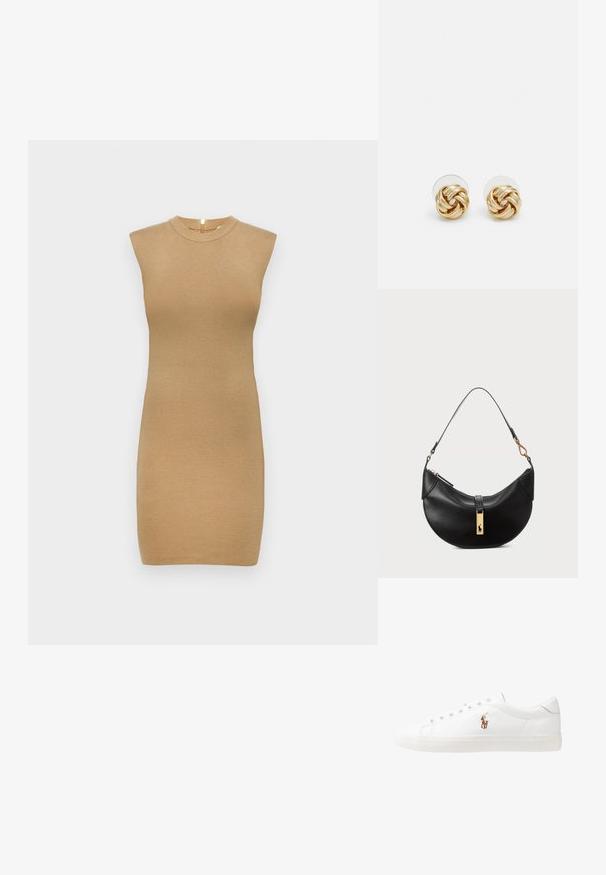 Neulottu ilmanhiha dress vaaleassa beigevässä, jossa on korkea kaula-aukko ja vartaloa myötäilevä siluetti. Sileä pinta, jossa on minimaalinen yksityiskohtaisuus.; Valkoiset nahkakengät, matala malli, jossa on sileä pinta, pyöreä kärki, nauhakiinnitys edessä ja pieni brodeerattu logo sivulla.; Musta nahkalaukku puolikuun muotoisena. Varustettu kultaisilla yksityiskohdilla ja kapealla hihnalla. Tasainen pinta, vetoketjukiinnitys ylhäällä.; Kultaketjut korvakorut, joissa on kierretystä muotoilusta valmistettu solmu. Jokaisessa korvassa on pyöreä, kirkas tausta varman käyttömukavuuden takaamiseksi.