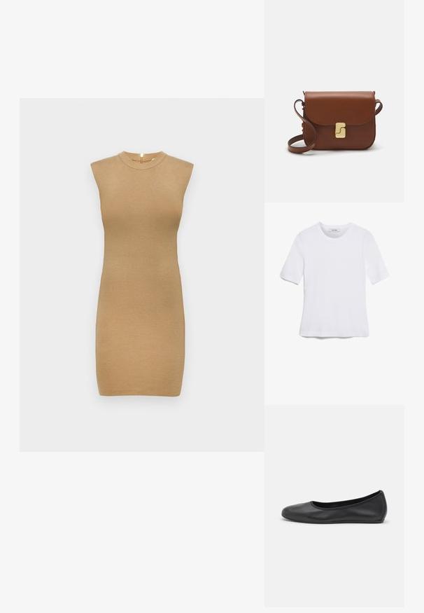 Rochie tricotată fără mâneci, de culoare bej deschis, având un guler înalt și o siluetă ajustată. Textură fină cu detalii minime.; Tricou alb cu mânecă scurtă, confectionat dintr-un material texturat. Gât rotund, tăietură regulară și detalii subtile de cusătură. Fără modele sau grafice.; Balerini din piele neagră, cu vârf rotund, textură netedă, detalii de cusătură minimale și un design al tălpii flexibil.; Geantă de piele maro cu închidere tip capac, accesorii de culoare aurie, curea de umăr și o textură netedă. Formă compactă și rectangulară.