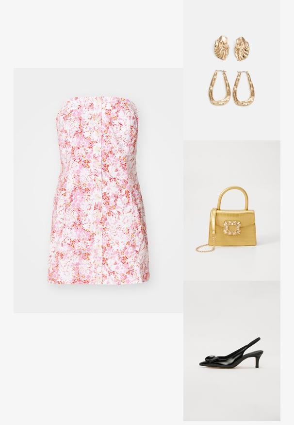 Ärmelloses Blumenkleid aus pink-weißer Baumwolle mit einer durchgehenden Knopfleiste und einer taillierten A-Linien Silhouette.; Schwarzer Lackleder-Slingback-Schuh mit spitzer Zehe, kleinem Absatz und einer auffälligen Schleifen-Akzent auf dem Vorderfuß. Glatte Textur und elegantes Design.; Gelbe Kunstleder-Handtasche im Krokodil-Look mit strukturiertem Design, Obergriff, abnehmbarem Kettenriemen und dekorativer Kristallverzierung am Verschluss.; Ohrringe in Goldoptik mit strukturierten, gewellten Formen. Beinhaltet skulpturale Clip-Ohrringe und ein offenes Hoop-Design mit gehämmertem Finish.