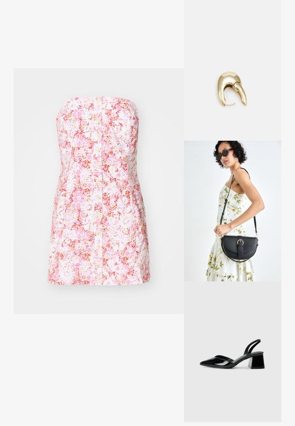 Uten skulderstropper blomsterkjole i rosa og hvit bomullsstoff, med knappefeste foran og en tettsittende, A-linje silhuett.; Svarte patentlær slingback hæler med spiss tå og geometrisk blokk hæl. Har et stilrent, minimalistisk design og jevn tekstur.; Svart lærveske med en buet form, avtagbar stropp og gullbeslag. Vesken har et klaff med spenne-detall.; Gullfarget metalløredobber med et elegant, buet design. Har en karakteristisk spiss form, polert overflate og hengsel-lukking.