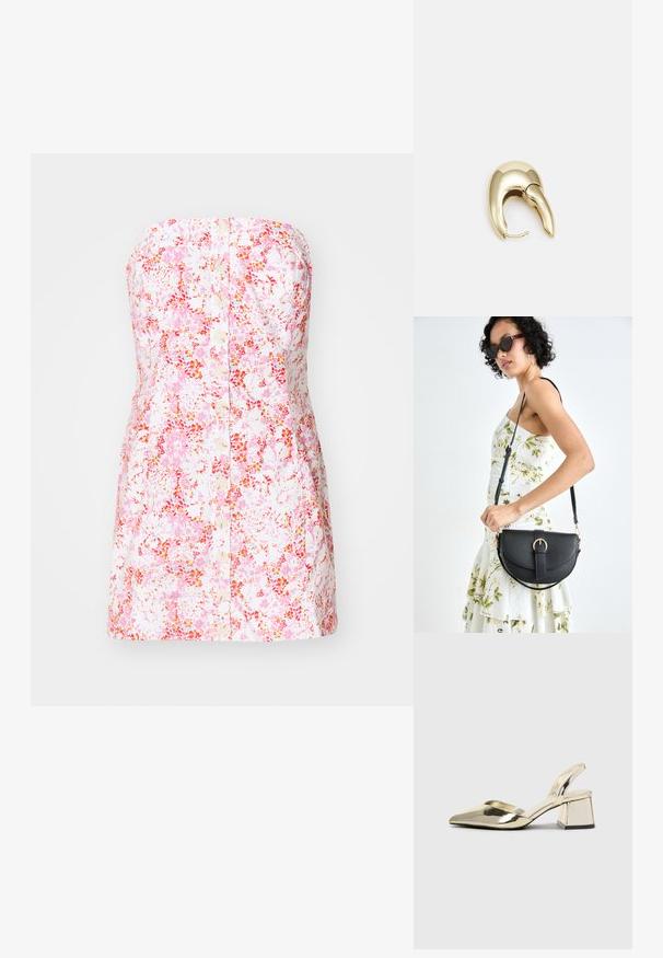 Šaty bez ramínek s květinovým vzorem v růžové a bílé barvě, vyrobené z bavlněné tkaniny, s knoflíkovým zapínáním vpředu a přiléhavým A-čkovým střihem.; Kovové zlaté pantofle na podpatku s špičatou špičkou a masivním podpatkem. Hladký povrch, minimalisticý design a úzký pásek.; Černá kožená kabelka s křivkovým tvarem, odnímatelným popruhem a zlatými detaily. Kabelka má klopu s přezkou.; Náušnice ve zlatém tónu z kovu s elegantním zakřiveným designem. Vyznačují se jedinečným špičatým tvarem, lesklým povrchem a závěsem na kloub.