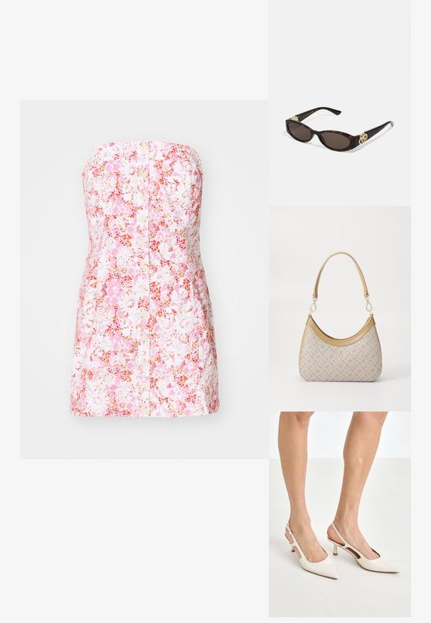 Robe sans bretelles en tissu en coton rose et blanc, présentant un devant à boutons et une silhouette ajustée en A.; Escarpins à talon slingback en cuir verni beige avec un bout pointu et un talon de 5 cm, présentant des côtés découpés et une fine bride à la cheville.; Lunettes de soleil en écaille, avec des verres ovales allongés, teinte marron, accents de logo doré sur les branches et montures noires élégantes.; Sac à main en beige à motif, avec une forme incurvée, des accents en cuir et un logo en ton doré sur le devant. Il dispose d'une poignée courte pour un transport facile.; Collier en perles et cristaux avec un design rond et perlé dans des teintes douces, comportant des perles alternées et des accents scintillants, porté autour du cou.