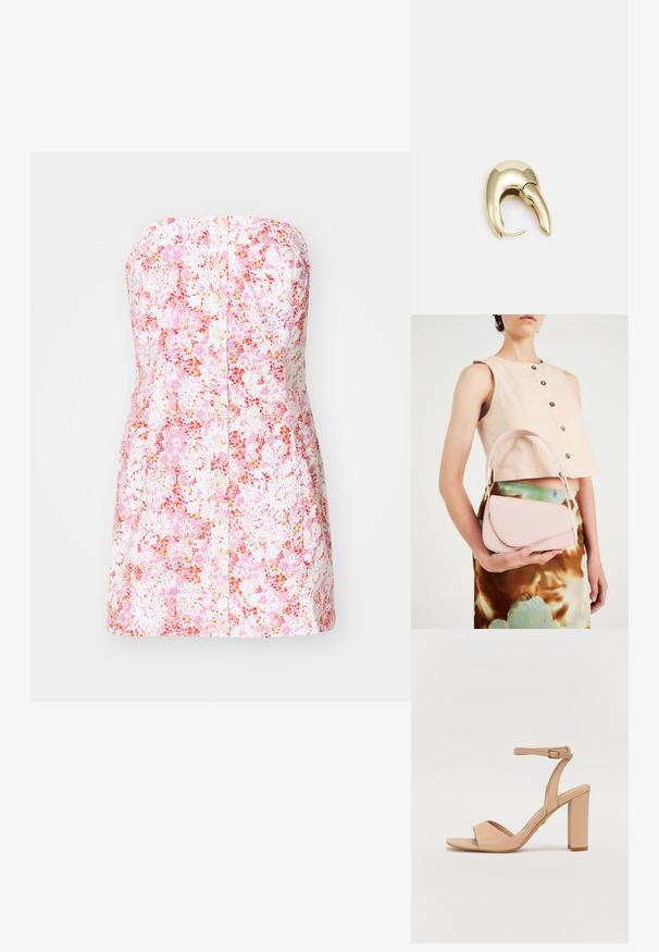 Bezramenné kvetinové šaty z ružovej a bielej bavlny, s predným zapínaním na gombíky a priliehavým, áčkovým strihom.; Béžová sandála na vysokom podpätku s popruhom na členku, otvorenou špičkou, hladkým koženým materiálom a dizajnom so zalomeným podpätkom.; Ružová kožená kabelka s zakriveným klapkovým uzáverom, jedným ramenným popruhom a čistými líniami. Kabelka má hladkú textúru a minimalistický dizajn.; Náušnice z kovu v zlatej farbe s elegantným, zakriveným dizajnom. Majú charakteristický špicatý tvar, leštený povrch a uzáver na pánt.