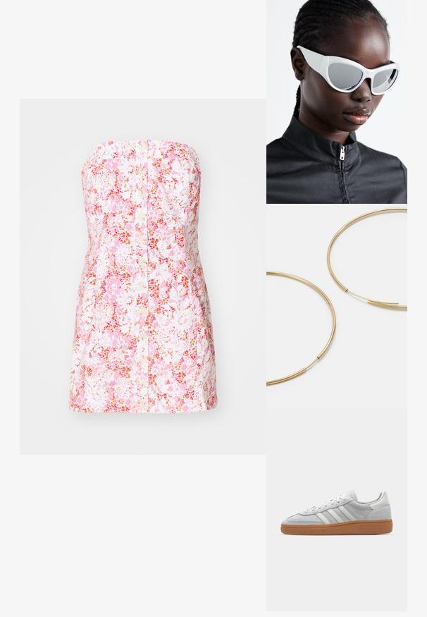 Bežėdė gėlių suknelė rožinės ir baltos spalvos medvilninio audinio, turinti mygtukų užsegimą priekyje ir prigludusią A formos siluetą.; Šviesiai pilki zomšiniai sportbačiai su baltais odiniais akcentais, trimis baltomis juostelėmis ir rudą guminę pada, turintys paminkštintą apykaklę patogumui.; Baltos saulės akiniai su ryškiu, dideliu dizainu ir veidrodiniais lęšiais, turintys lygius plastiko rėmus ir išryškintas kreives.; Aukso spalvos žiedo auskarai, ploni ir apvalūs, su lygiu metaliniu paviršiumi be papuošimų ar raštų.