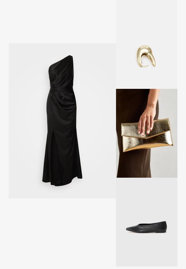 Črna satenska obleka z enostranskim dizajnom, drapirano blago in sprednji razporek. Gladka tekstura poudarja njen eleganten silhuet.; Črne usnjene balerinke, koničast toe, minimalističen dizajn, gladka tekstura, nizka peta, brez vidnih kovinskih delov ali okraskov.; Zlatna metalna torbica s glatko teksturo, ki ima trikotno zapiranje. Roka, ki jo drži, ima lepo urejene nohte.; Uhane nakit iz zlatastega tona z gladko, ukrivljeno zasnovo. Ima edinstveno koničasto obliko, polirano površino in zaponko s tečajem.