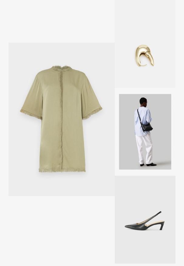 Olive roheline lühikeste varrukatega särk, ümmarguse kaelusega ja frantsi ääristusega ees ja varrukatel. Valmistatud pehmest kangast, lõdva lõikega.; Must mustaga, terav varvas, madala kontsaga sildiga king, mis on valmistatud siledast nahast ja mille küljel on lõike disain hingavuse tagamiseks.; Must have mustras alasi nahkpatsi, pehme tekstuuriga, kolmnurkse kujuga ja reguleeritava rihmaga, koos helesinise triibulise särgi ja valgete pükstega.; Kuldtooni metallist kõrvarõngas, millel on elegantne ja kaarjas disain. Omab silmapaistvat teravat kuju, poleeritud pinda ja hingesulgemist.