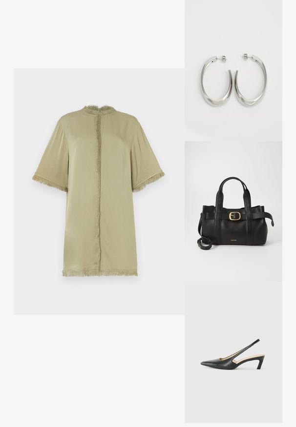 Olive roheline lühikeste varrukatega särk, ümmarguse kaelusega ja frantsi ääristusega ees ja varrukatel. Valmistatud pehmest kangast, lõdva lõikega.; Must mustaga, terav varvas, madala kontsaga sildiga king, mis on valmistatud siledast nahast ja mille küljel on lõike disain hingavuse tagamiseks.; Must mustraga nahkakott, millel on struktureeritud disain, kaks ülemist kanda, kuldse tooni pandla aktsent ja esiküljel embosseeritud brändi logo.; Hõbe rõngas kõrvarõngad, millel on sujuv ja kõver kuju. Omab läikivat metallist viimistlust ja nupuga sulgemist. Pole nähtavaid mustreid ega aksessuaare.