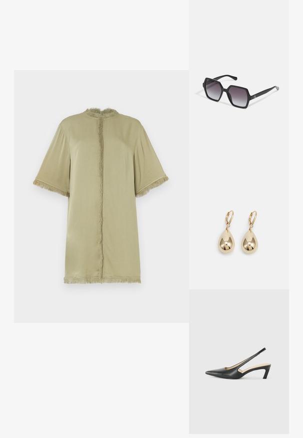 Top de manga corta en verde oliva con escote redondo y detalles de flecos en la parte delantera y en las mangas. Fabricado en un tejido suave, con un corte relajado.; Zapato negro de punta afilada tipo slingback con un tacón bajo, que presenta un material de cuero suave y un diseño recortado en el lateral para mayor transpirabilidad.; Gafas de sol hexagonales negras con lentes degradados, que presentan un acabado brillante y un sutil branding en la patilla. Construcción de plástico duradero.; Pendientes de gota de oro con acabado pulido, que presentan un pequeño piedra transparente como acento en el gancho para un detalle adicional.