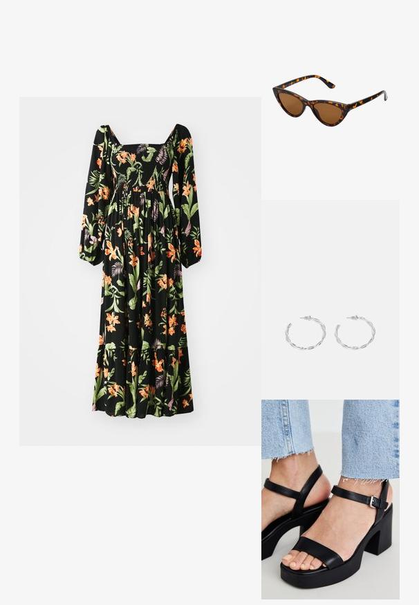 Zwarte bloemenjurk met lange pouffende mouwen, vierkante halslijn, gesmokte lijfje en levendige oranje en groene tropische patronen op een vloeiende stof.; ALDO CELIE - Sandalen met hoge hak - black; Cat-eye zonnebril met een zwart en oranje schildpadframe, bruine lenzen en slanke, puntige uiteinden. Bevat een minimalistisch logo op de poot.; Zilveren creolen met een gedraaide ontwerp, voorzien van een gepolijste afwerking en een post-back sluiting. Meet ongeveer 3 cm in diameter.