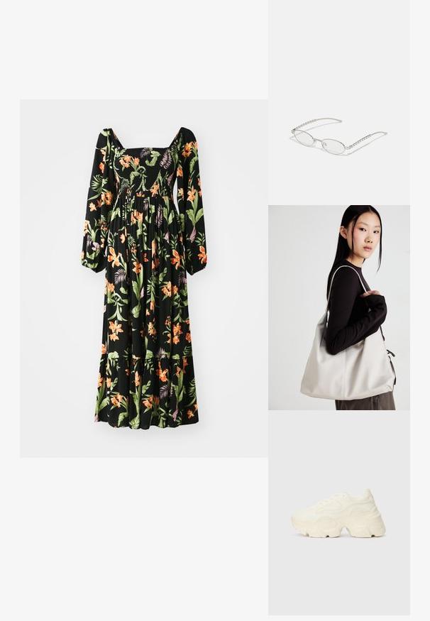 Svartblommig klänning med långa puffärmar, fyrkantig ringning, smockad liv och livfulla orange och gröna tropiska mönster på flödande tyg.; Tjocka vita sneakers gjorda av texturerat mesh och syntetiska material, med en tjock sula och intrikata mönsterdetaljer längs sidorna.; Ovala glasögon med en metallisk silverram, klara linser och texturerade pärlaccenter på templets sidor. Lättviktsdesign med böjda skaft.; Beige handväska tillverkad av mjukt material, med en avslappnad design, sydda detaljer och två axelremmar. Lämplig för dagligt bruk.