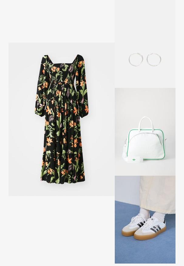 Čierne kvetinové šaty s dlhými naberanými rukávmi, štvorcovým výstrihom, naťahovacou vrchnou časťou a živými oranžovými a zelenými tropickými vzormi na splývavom materiáli.; Biele tenisky s čiernymi pruhmi a béžovými semišovými detailmi. Majú textúrovanú gumovú podrážku a ploché biele šnúrky, kombinované s svetlými ponožkami.; Bielo-kožená taška s zeleným lemovaním, s výrazným embosovaným logom, dvojitými rúčkami, odnímateľným popruhom a prednou vreckom na zips.; Strieborné kruhové náušnice s elegantným, okrúhlym dizajnom, s hladkým povrchom a bez viditeľných ozdôb. Priemer nie je špecifikovaný.