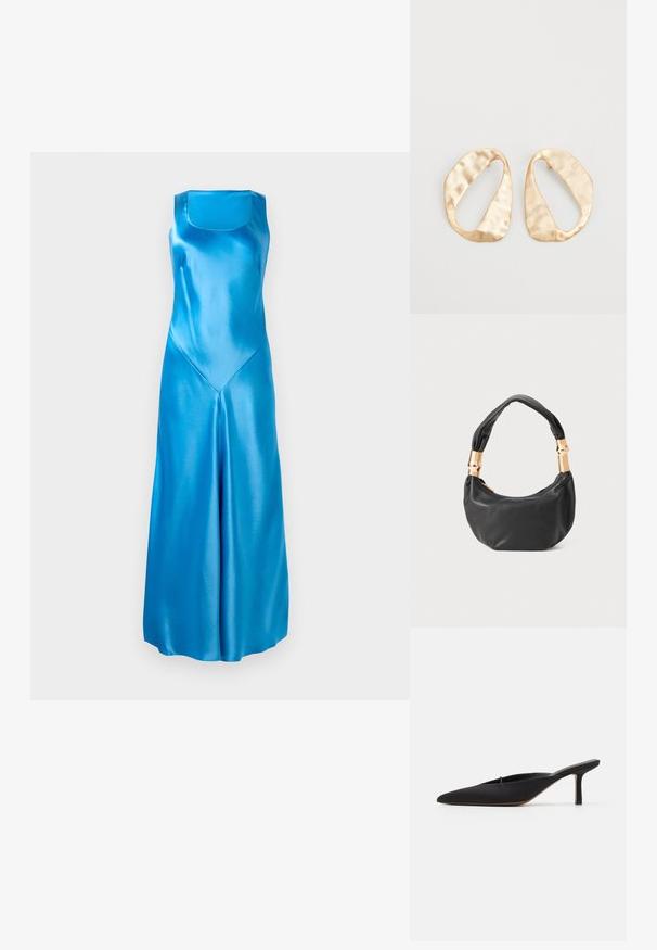 Satenové modré dlhé šaty so štvorcovým výstrihom, priamym strihom a V-tvarovým švom na prednej strane. Hladká textúra s lesklým povrchom.; Čierny mule s ostrým špičkou a elegantným dizajnom, vyrobený z hladkej látky, so štíhlým podpätkom a otvorenou zadnou časťou pre jednoduché obutie.; Čierna kožená kabelka s guľatým tvarom, príjemnou textúrou a uzlíkovou rukoväťou s akcentmi zlatého tónu. Zipsové uzatvorenie.; Pár nepravidelných oválnych zlatistých kovových náušníc s textúrovaným, mierne rozbitým povrchom na bielom pozadí.