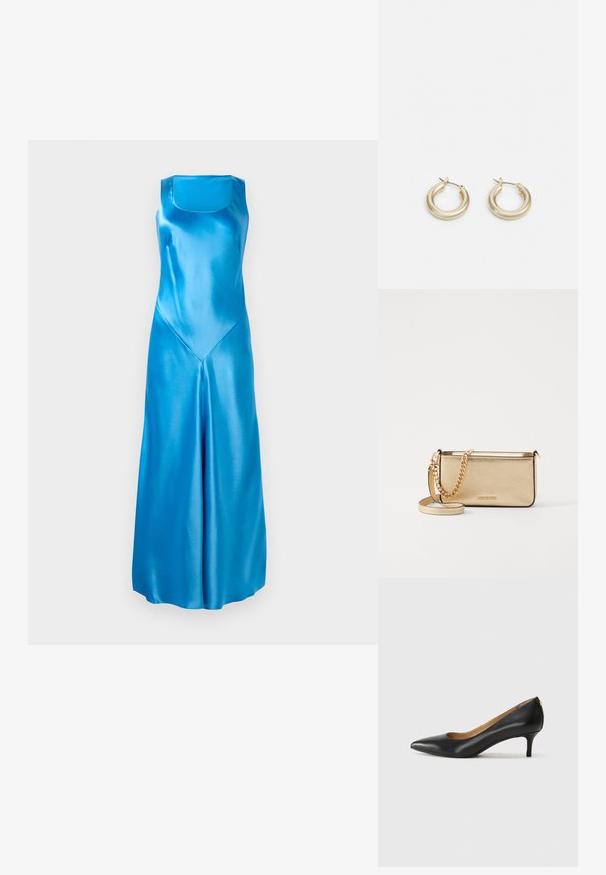 Satenové modré dlhé šaty so štvorcovým výstrihom, priamym strihom a V-tvarovým švom na prednej strane. Hladká textúra s lesklým povrchom.; Čierny kožený podpatek s špicatou špičkou, nízkym opätkom a hladkým povrchom. Obsahuje mierne otvorenie vpredu a minimálne kovové detaily na zadnej strane.; Metalická zlatá kožená kabelka so štruktúrovaným povrchom, vybavená zlatým reťazovým popruhom a odnímateľným ramenným popruhom. S logom značky vytlačeným na povrchu.; Lauren Ralph Lauren BASIC SMALL HOOP - Náušnice - gold-coloured
