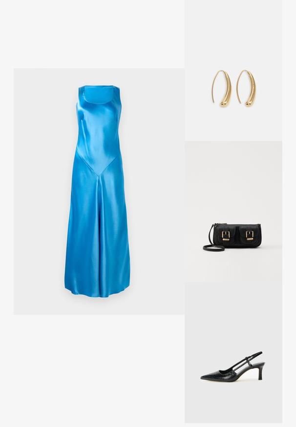 Satenové modré dlhé šaty so štvorcovým výstrihom, priamym strihom a V-tvarovým švom na prednej strane. Hladká textúra s lesklým povrchom.; Čierne patentové slingback topánky na ihlovom podpätku s špicatou špičkou, s textúrovaným hadím vzorom, nastaviteľným popruhom a krátkym, textúrovaným blokovým podpätkom.; Čierna kožená crossbody taška s dvoma prednými vreckami, zlatými sponami, zipsovým uzatváraním a úzkym popruhom. Štruktúrovaný povrch a kompaktný obdĺžnikový tvar.; Náušnice vo forme zlatých kovových kruhov s zakriveným, predĺženým tvarom. Majú hladký, lesklý povrch a zaoblený koniec pre pridanie detailu.