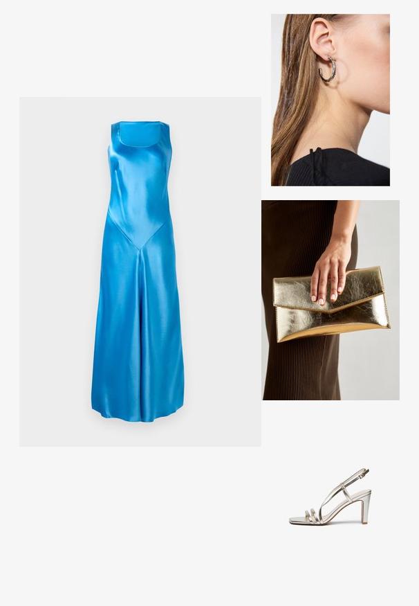 Satenové modré dlhé šaty so štvorcovým výstrihom, priamym strihom a V-tvarovým švom na prednej strane. Hladká textúra s lesklým povrchom.; Metalické strieborné sandále na vysokom podpätku s otvorenou špičkou, s tromi tenkými popruhmi cez nohu a remienkom okolo členka so sponou.; Zlatá metalická kabelka cez plece s hladkým povrchom, ktorá má trojuholníkové uzavretie. Ruka ju drží a má starostlivo upravené nechty.; Strieborná kruhová náušnica s lesklým povrchom, obsahujúca malé zlaté akcenty a okrúhly tvar, nosená na lalôčiku ucha.