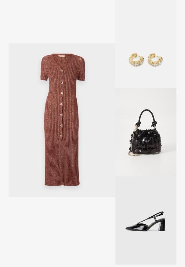 Šaty do kolen s žebrovaným vzorem v rzi, s výstřihem do V, krátkými rukávy a šesti předními knoflíky se středním rozparkem.; Černé lakované slingback boty na vysokém podpatku s špičatou špičkou, nastavitelným páskem a masivním obdélníkovým podpatkem.; Černá mini kabelka s flitry, s uzlovým texturovaným popruhem a stříbrným řetízkem. Zaoblený tvar s nařaseným vrchem a reflexními detaily.; Zlaté kruhové náušnice s texturovaným designem a třemi jasnými krystalovými akcenty na jedné straně, které nabízejí moderní geometrickou estetiku.