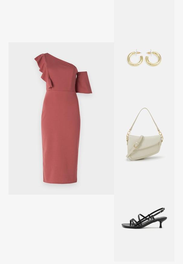 Tinkanti, vienos peties suknelė dulkėto rožinio atspalvio, su raukšlėmis ant peties ir elegantiška, iki vidurio blauzdų siekiančia siluetu.; Juodos aukštakulnės šlepetės su keliais perrištomis juostelėmis. Lygi medžiaga, smailas nosis ir siauras kulnas. Reguliuojama kulkšnies juostelė su sagtimi.; Mažas kreminis rankinukas su tekstūruotu paviršiumi, ilga reguliuojama juostele, grandinėle ir užsegimu su atvartu. Aukso detalės.; Aukso auskarai su lygiu, blizgiu paviršiumi. Apvalus dizainas su maža užrakto dalimi ir skaidria atrama saugiam nešiojimui.