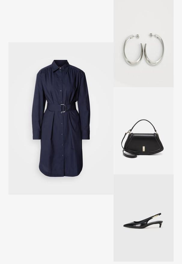 Abito camicia blu navy con cintura, realizzato in cotone, con colletto, maniche lunghe, chiusura frontale a bottoni e sottili pieghe in vita.; Tacchi slingback in pelle nera con punta affusolata, caratterizzati da un tacco alto e un accento dorato sulla cinghia regolabile. Texture liscia.; Borsa a mano in pelle nera con un design strutturato, caratterizzata da una forma corta, manico superiore e accessori in metallo dorato. Inclusa tracolla regolabile.; Orecchini a cerchio argentati con un design liscio e curvo. Presentano una finitura metallica lucida e una chiusura a perno. Nessun motivo o accentuazione visibile.