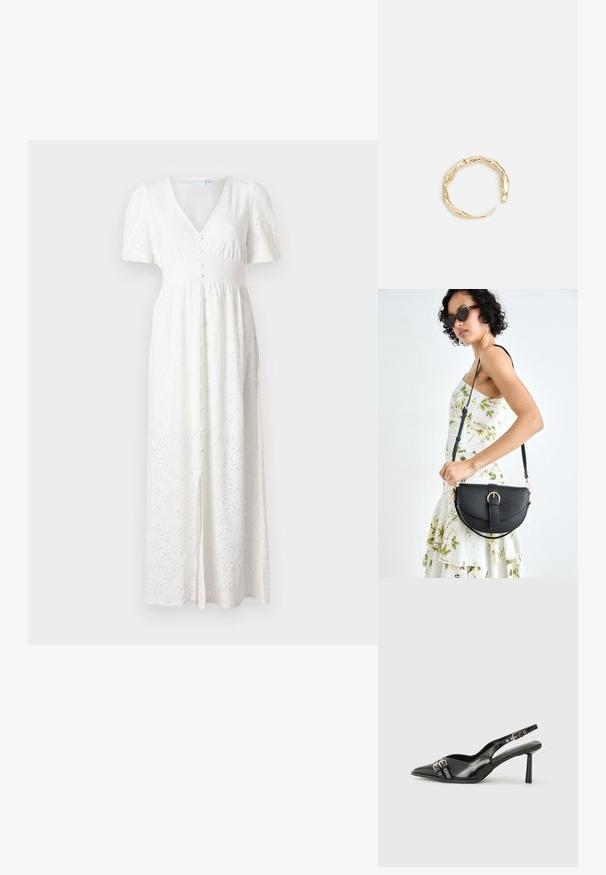 Weißes Maxikleid mit V-Ausschnitt, kurzen Puffärmeln, Knopfverschluss und besticktem Punktmuster. Der Stoff ist leicht und hat eine lockere Passform.; Schwarzer Lackleder Slingback-Schuh mit spitzem Zehenbereich, Knöchelriemen mit silbernen Schnallen und Beschlägen sowie einem schlanken Absatz.; Schwarze Lederhandtasche mit geschwungener Form, abnehmbarem Tragegurt und goldenen Beschlägen. Die Tasche verfügt über einen Deckel mit einer Schnallen-Details.; Goldfarbener Ring mit einem organischen, gedrehten Design, glatter Oberfläche und sich verjüngenden Enden, was ein modernes, skulpturales Erscheinungsbild erzeugt.