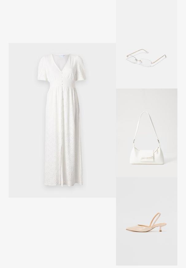 Robe maxi blanche avec un décolleté en V, des manches courtes bouffantes, un bouton devant et un motif de points brodés. Le tissu est léger avec une coupe ample.; Escarpins slingback en cuir verni beige avec un bout pointu et un talon carré fin. Texture lisse et design minimaliste sans ornement.; Lunettes en métal doré avec des verres ovales, des branches fines et des plaquettes de nez transparentes. Présente des accents subtils sur les charnières et des verres transparents.; Sac à main synthétique blanc en forme triangulaire, avec un rabat avant plat et un détail en nœud, une bandoulière ajustable, une texture lisse et un design minimaliste.