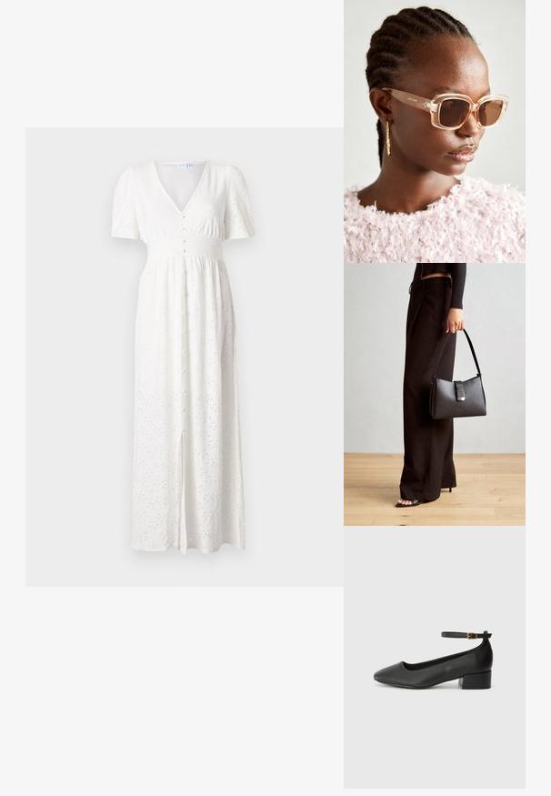 Hvid maxi kjole med V-udskæring, korte puffærmer, knaplukning foran og broderet prikkemønster. Stof er let og med en løs pasform.; Sorte læderpumper med spids tå og en lav blokhæl. Har en ankelrem med en guldfarvet spænde. Glat tekstur.; Beige oversized solbriller med en klar ramme og brune tonede linser, med subtile blomstermotiver og et dristigt, geometrisk design.; Sort håndtaske med struktureret form, glat overflade og metalspænde. Sammen med brede sorte bukser og sandaler med åben tå på trægulv.