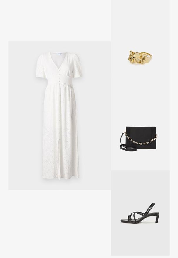 Hvid maxi kjole med V-udskæring, korte puffærmer, knaplukning foran og broderet prikkemønster. Stof er let og med en løs pasform.; Sort remsandale med firkantet tå og en lav blokeret hæl. Har flere tynde stropper og en justerbar ankelrem. Fremstillet af glat læder.; Sort læder crossbody taske med en glat tekstur, rektangulær form og en metallisk kæde detalje foran. Justerbar skulderrem inkluderet.; Guldring med tekstureret, bølget design, der har tre fremtrædende toppe. Glat, skinnende overflade med en åben ring, der gør den justerbar.
