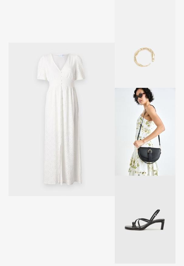 White maxi dress with a V-neck, short puff sleeves, button front, and embroidered dot pattern. Fabric is lightweight with a loose fit.; Black strappy sandal with a square toe and a low block heel. Features multiple thin straps and an adjustable ankle strap. Made of smooth leather.; Black leather handbag with a curved shape, detachable strap, and gold hardware. The bag features a flap with a buckle detail.; Gold-tone ring featuring an organic, twisted design with smooth texture and tapered ends, creating a modern, sculptural appearance.