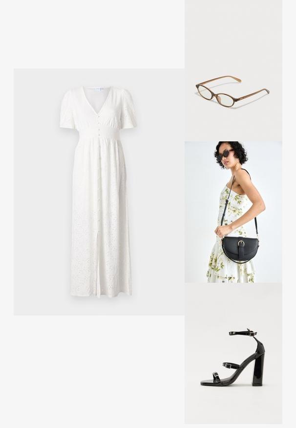 Fehér maxi ruha V-nyakkal, rövid puff ujjakkal, gombos elülső résszel és hímezett pöttyös mintával. Az anyag könnyű és laza szabású.; Fekete lakk magas sarkú szandál négyzet alakú orral, bokapántokkal és ezüst csatokat tartalmaz. Masszív blokk sarka a stabilitásért felel.; Barna teknős páncélmintás szemüveg, ovális lencsékkel, vékony szárakkal és átlátszó részletekkel. A templomon diszkrét logó található. Elegáns, könnyű dizájn.; Fekete bőrtáska ívelt formával, levehető pánttal és arany színű fémrészekkel. A táskán egy csattal díszített fedél található.