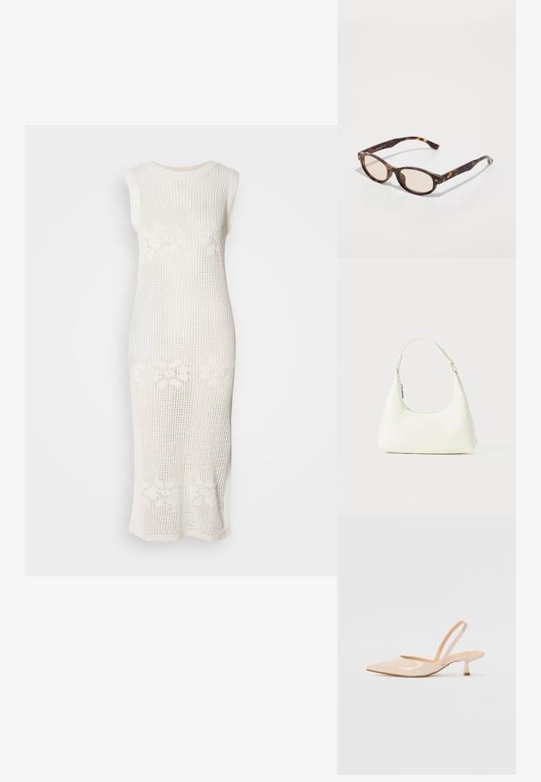Pitkä, valkoinen, hihaton mekko, joka on valmistettu avoin neulottomateriaalista ja jossa on kukkakuviot vyötäröllä. Suora leikkaus.; Beige patenttanssisen nahasta valmistetut slingback-korkokengät, joissa on terävä kärki ja kapea, neliömäinen korko. Saumatonta pinta ja minimalistinen muotoilu ilman koristeita.; Silmukaisvartiset aurinkolasit, joissa on pyöristetty muoto ja kevyet linssit. Varret ovat tukevat ja niissä on pieniä kultaisia yksityiskohtia, valmistettu muovimateriaalista.; Pieni valkoinen olkalaukku, jossa on yksi säädettävä hihna ja vetoketjukiinnitys, valkoista taustaa vasten.