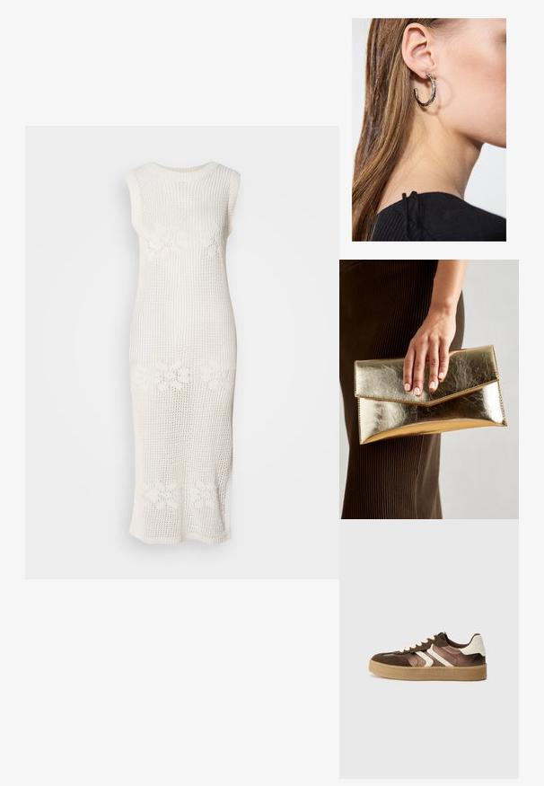 Lang, hvit, ermeløs kjole laget av åpenstrikket materiale, med blomsterbilder ved midjen. Rett silhuett.; Brune og kremfargede joggesko i en kombinasjon av semsket lær og satengmaterialer, med tre skrå striper og en teksturert gummisåle.; Gull metallisk clutch-veske med en glatt tekstur, som har en trekantet klaffelukking. Hånden som holder den har pent manikyrte negler.; Sølv ringøredob med en polert finish, med små gull detaljer og en rund form, båret på øreflippen.