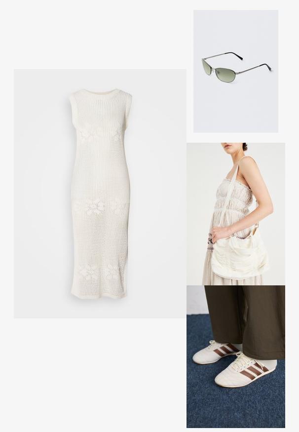 Długa, biała, bezrękawna sukienka z materiału o otwartym splotcie, zdobiona kwiatowymi wzorami w okolicy talii. Prosty krój.; Białe trampki z brązowymi paskami noszone z brązowymi spodniami na niebieskim wykładzinie.; Metalowe okulary przeciwsłoneczne z wydłużonymi zielonymi soczewkami, smukłą srebrną oprawą i czarnymi końcówkami zauszników. Posiadają małe poduszki nosowe dla wygody.; Biała torba na ramię z tkaniny o marszczonej fakturze, regulowanym pasku i srebrnymi elementami. Wyeksponowana obok kremowej sukienki.