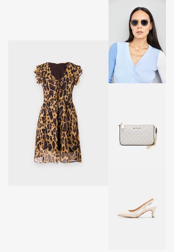 Šaty s leopardím vzorom s krátkymi volánovými rukávmi, výstrihom do V a viazaním v páse, vyrobené z ľahkého, priesvitného materiálu.; Biele slingback topánky na podpätku s ostrou špičkou, hladkým vrchným materiálom, nízkym blokovým podpätkom a bočným výrezom s nastaviteľným remienkom na pracku.; Okrúhle slnečné okuliare s tmavými šošovkami a zlatým rámom. Modelka má na sebe svetlomodrý pletený kardigán s gombíkmi a bielymi rukávmi v kontraste.; Michael Kors zápästná taška v béžovej potiahnutej plátenej tkanine s opakujúcim sa vzorom loga MK, zlatým kovania a odnímateľným reťazovým popruhom.