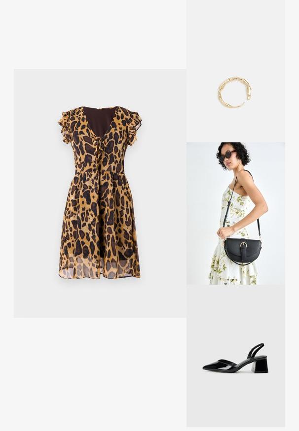 Obleka z leopardskim vzorcem, ki ima kratke naborkane rokave, V-izrez in zanko na pasu, izdelana iz lahkotnega, prosojnega materiala.; Črne lakirane slingback pete s koničastim nosom in geometrijsko blokasto peto. Imajo eleganten, minimalističen dizajn in gladko teksturo.; Črna usnjena torbica s ukrivljeno obliko, z odstranljivo naramnico in zlatimi dodatki. Torbica ima pokrov s podrobnostmi v obliki zaponke.; Zlati prstan s organskim, zvitim dizajnom, gladko površino in taperiranimi konci, ki ustvarja modernega, skulpturalnega videza.