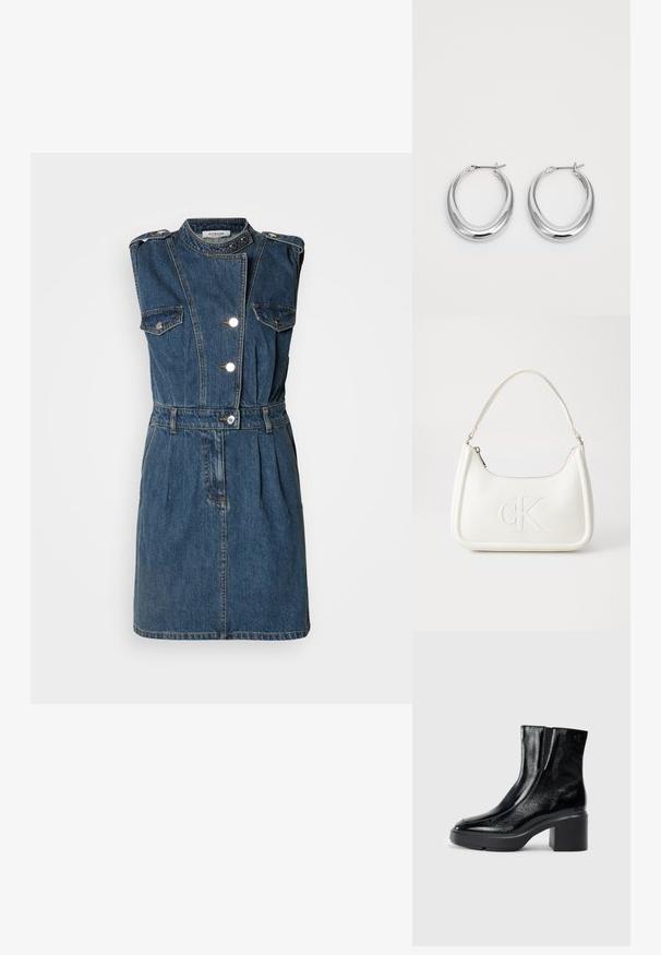 Robe en denim sans manches de couleur bleu foncé avec un col haut, des boutons argentés, deux poches poitrine, une taille ceinturée et une jupe plissée.; Bottines en cuir verni noir avec un bout arrondi, des panneaux latéraux en élastique et un talon épais. Comprend un logo embossé à l'arrière.; Sac à main en cuir blanc avec une forme courbée, arborant un logo "CK" embossé à l'avant et une seule bandoulière. Fermeture à glissière en haut.; Une paire de boucles d'oreilles en croissant en argent poli avec des fermoirs à charnière sur un fond blanc.