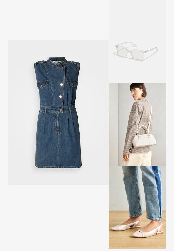 Bezramenné denimové šaty v tmavě modré barvě s vysokým límcem, stříbrnými knoflíky, dvěma náprsními kapsami, páskem v oblasti pasu a skládací sukní.; Světle růžové slingback baleríny s špičatou špičkou, vyrobené z hladkého koženému materiálu. Obsahují vystřihovací detaily po stranách a plochý podpatek.; Průhledné plastové brýle čtvercového rámečku s průsvitnými čočkami, které mají zlaté akcenty na spáncích pro zvýraznění detailů.; Bílá strukturovaná kabelka s krátkými uchy a ramenním popruhem, zdobená zlatými kovovými prvky a texturovaným materiálem, vystavená na šedém pozadí.