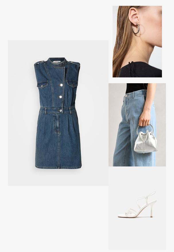 Bez rukava, traper haljina tamnoplave boje s visokim ovratnikom, srebrnim dugmadi, dva džepa na grudima, strukom s remenom i plisiranom suknjom.; Bijele sandale s visokom potpeticom i trakama, ravno oblikovanim prstima, teksturiranim prednjim dijelom s naboranim detaljima i uskom trakicom oko gležnja.; Metalna srebrna torba s teksturiranim završetkom, ukrašena srebrnim okruglim drškom i zatvaranjem na vezanje, drži se uz svijetloplave traperice.; Srebrna kružna naušnica s poliranim završetkom, koja ima male zlatne detalje i okrugli oblik, nošena na uhu.