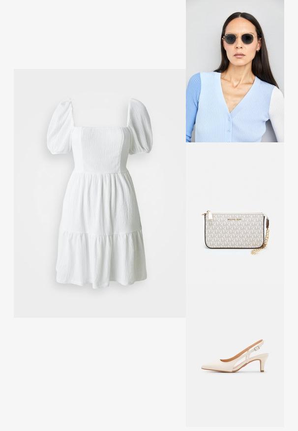 Rochie albă cu decolteu pătrat, mâneci bufante și țesătură texturată. Dispune de o fustă în straturi care se termină deasupra genunchiului. Fără modele vizibile.; Sandaie cu toc alb, cu vârful ascuțit, material superior neted, toc mic tip bloc și design cu decupaj lateral, cu curea ajustabilă.; Ochelari de soare rotunzi cu lentile întunecate și rame aurii. Modelul poartă un cardigan ribbed de culoare albastru deschis cu nasturi și mâneci albe în contrast.; Clutch Michael Kors din canva acoperit bej, cu un model repetitiv al logo-ului MK, accesorii din aur și o curea cu lanț detașabil.
